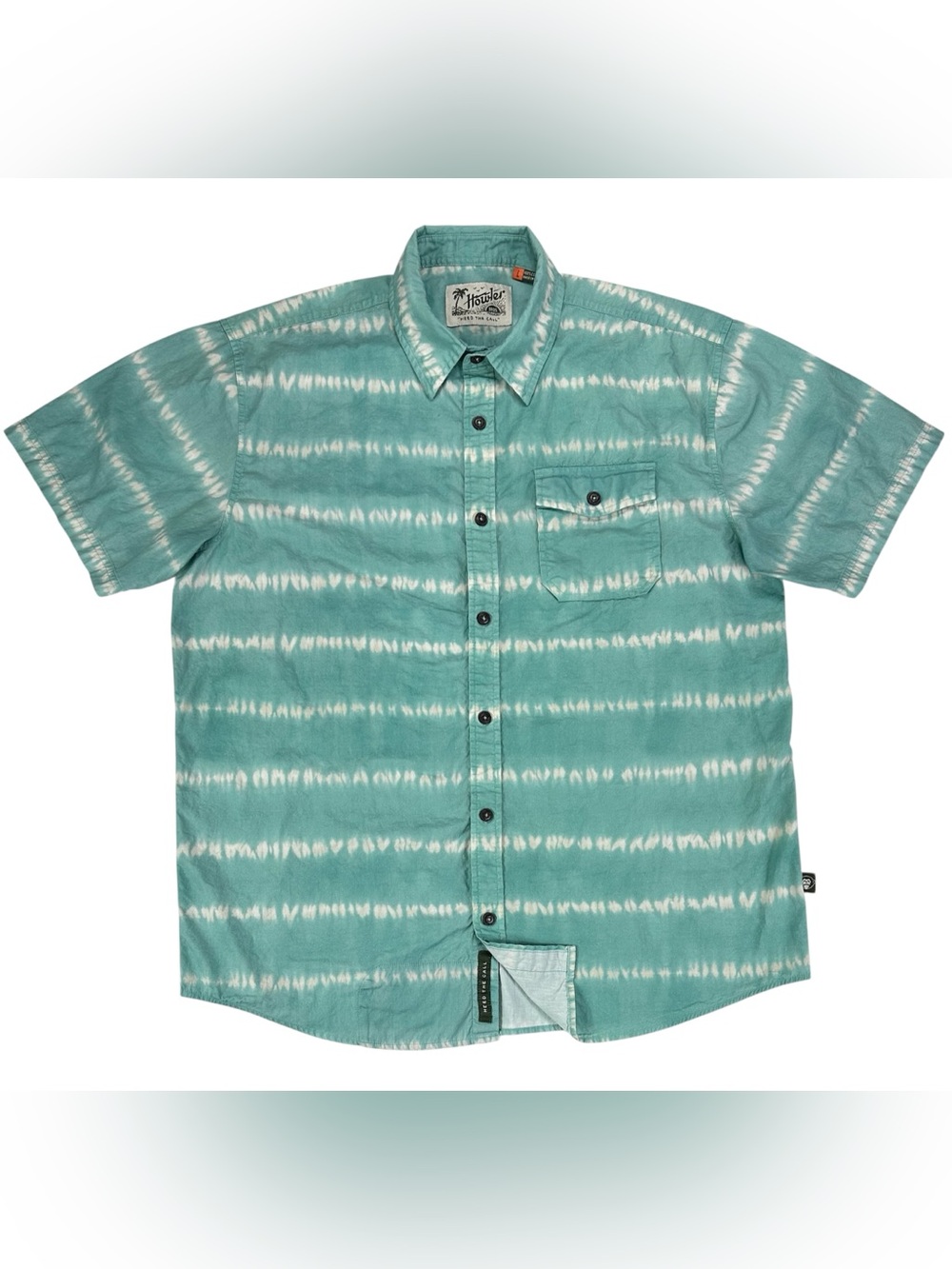 Howler Brothers Teal and White Tie-Dye Short Sleeve Button-Up Shirt